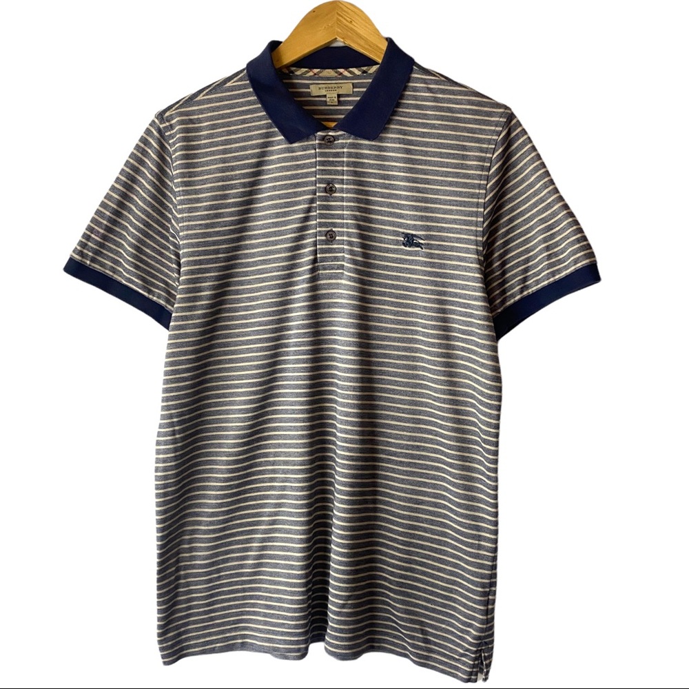 Burberry mens polo short sleeves striped tan navy blue size L embroidered